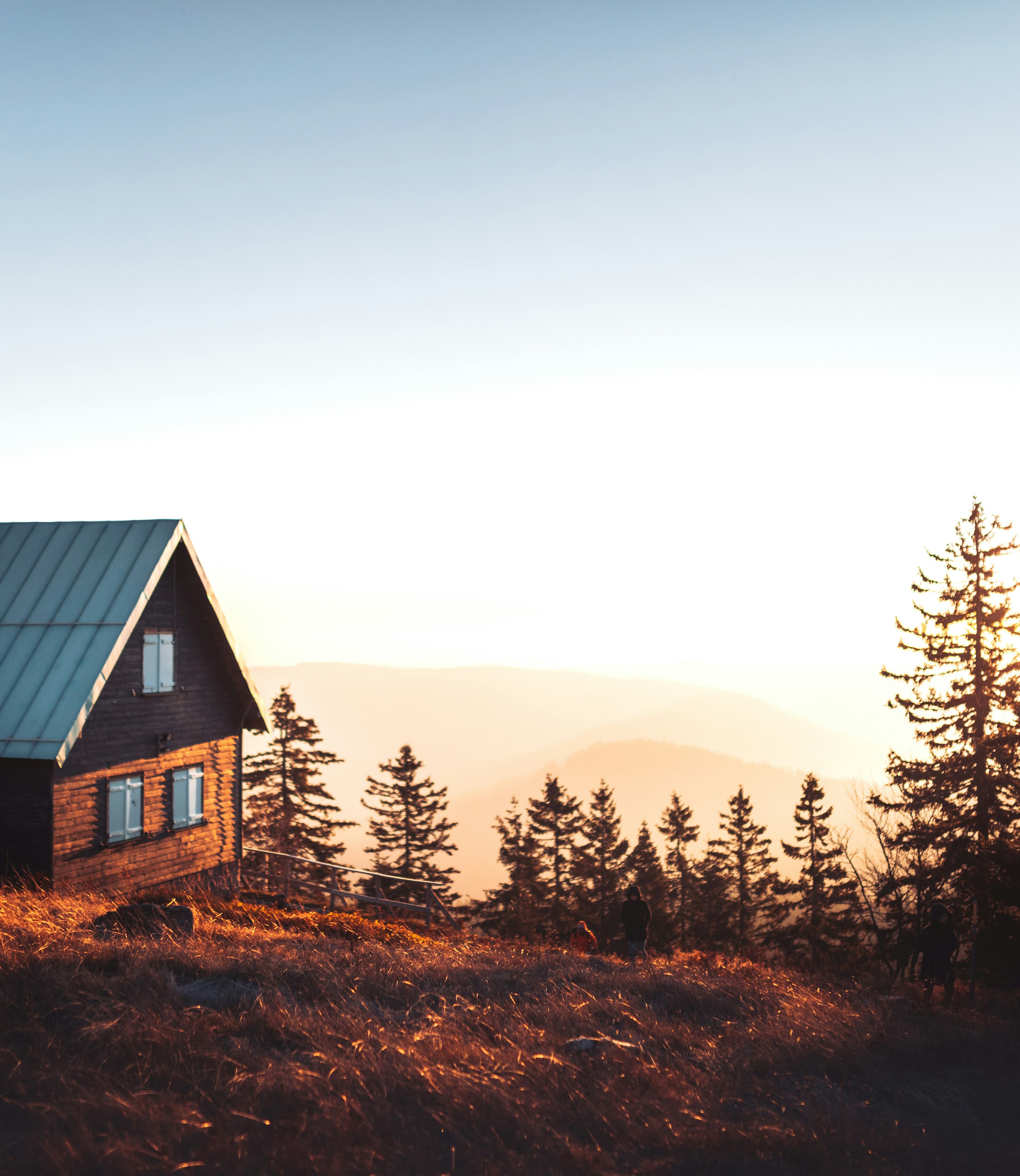 Off-grid timber cabin at sunset in mountain forest
